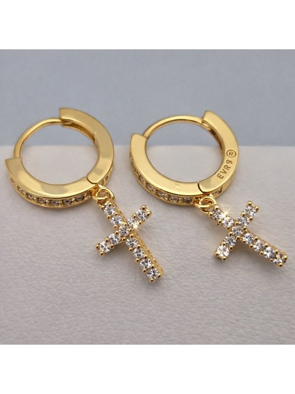 Gold-Tone Rhinestone Cross Huggie Earrings Small Delicate NWOT